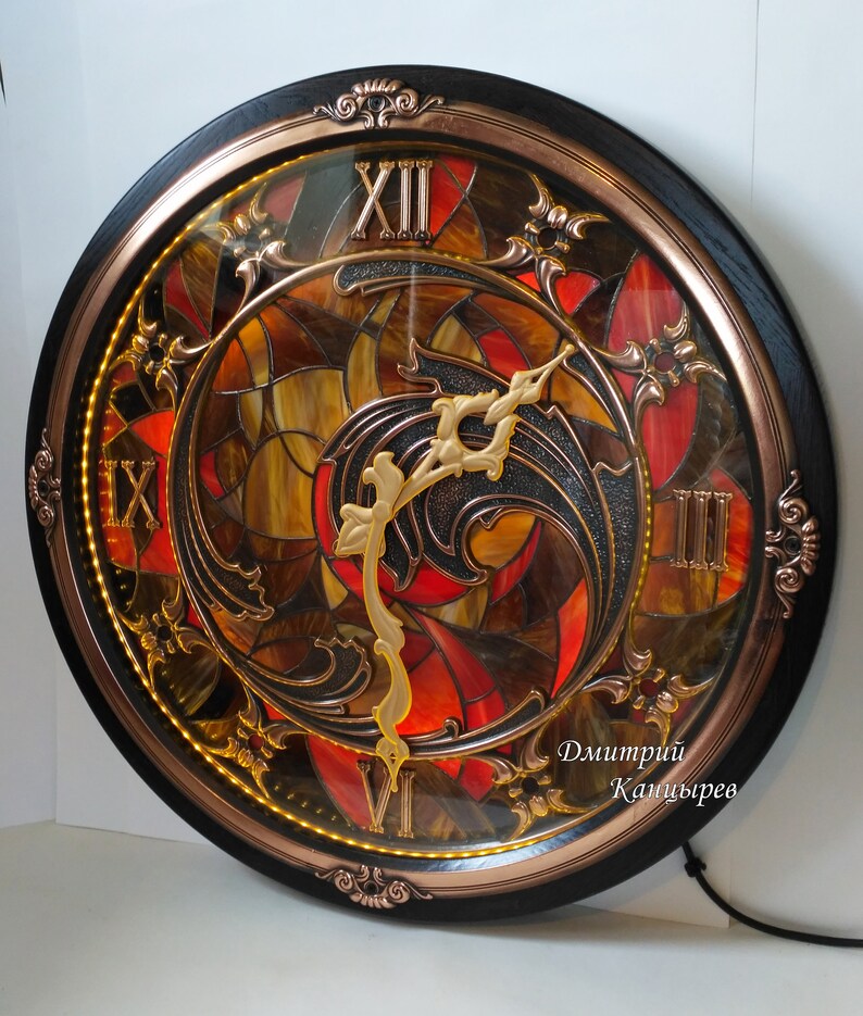 Large Wall Clock backlit stained glass metal interior Etsy