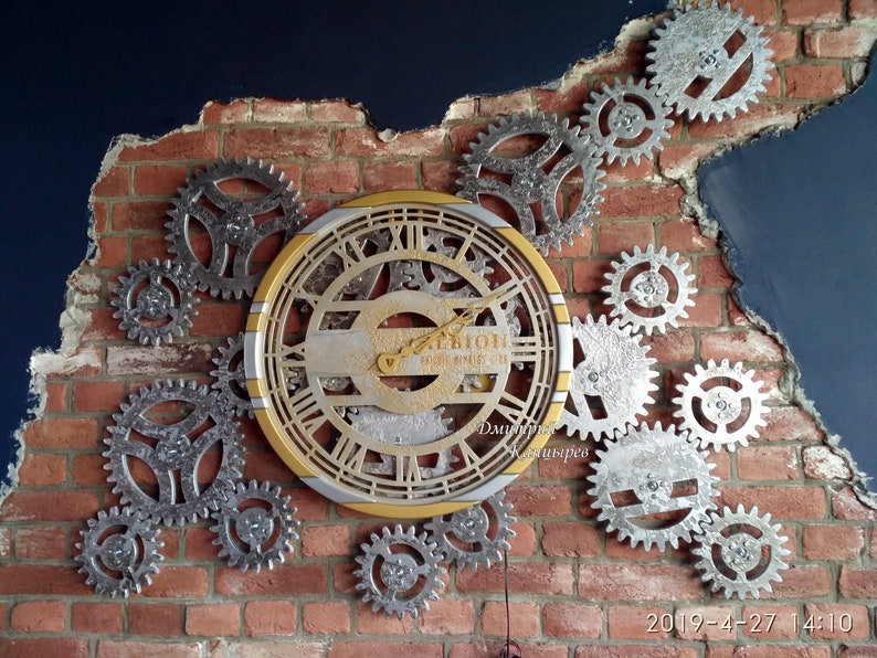 Large Wall Clock With Rotating Gears Huge Steampunk Metal Etsy