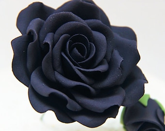 Large BLACK Gumpaste rose for cake decorations. Filler flowers fondant sugar wedding cake toppers cupcake roses.