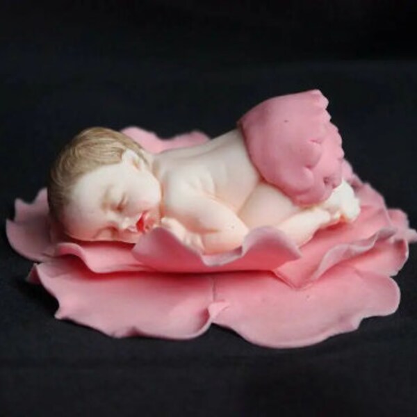 Sleeping baby in a flower Christening cake topper Baby Baptism cake decoration Birthday Baby sugar flowers  fondant gumpaste