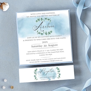 Invitación de bautismo azul bebé, invitaciones de bautizo, invitaciones de bautizo para niño, tarjeta mate de alta calidad con textura ligera.