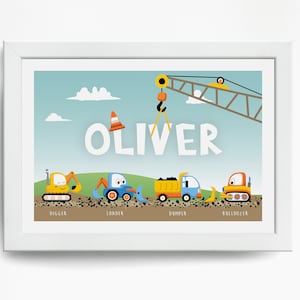 Personalised gift for baby boy, Nursery Print, Nursery Wall Art, digger, loader, dumper, bulldozer, Name Print