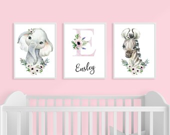 Personalized Baby Girl Nursery Prints: Set of 3 Initial Letter Wall Art