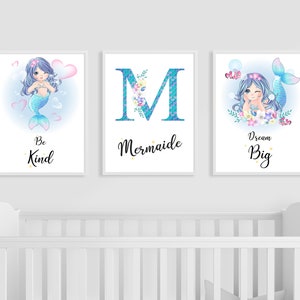 Gepersonaliseerde kinderkamerprintset zeemeermin: beginletter, decor babymeisje