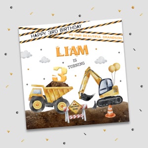 Personalised any age birthday card, construction digger machinery, watercolor card, boys kids, any name & age, for son, grandson