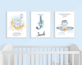 Personalized Baby Boy Nursery Print Set: Initial Letter Art (A4/A3)