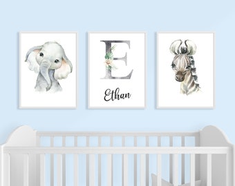 Personalized Baby Boy Nursery Prints: Initial Letter Art, Set of 3