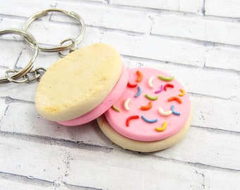 lofthouse cookie keychain // polymer clay food // miniature food dessert jewelry clay food accessory, kawaii statement pink charm