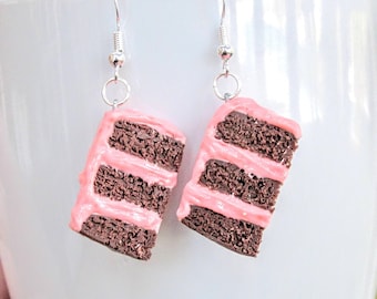 chocolate cake earrings // polymer clay food // miniature food jewelry, pink strawberry cake statement novelty dangle, dessert bakery gift