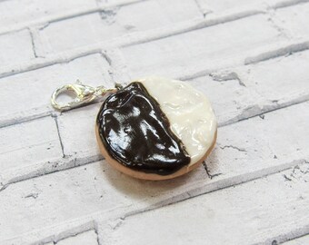 black and white cookie charm // polymer clay food // miniature food jewelry cookie keychain bakery charm, mini foodie clay stitch marker