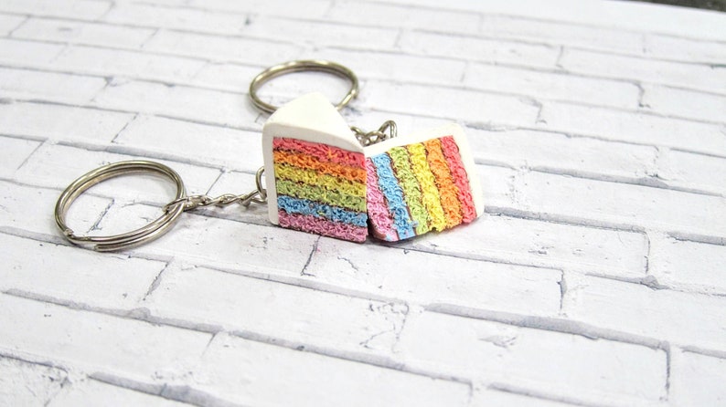 rainbow cake keychain // polymer clay food // miniature food jewelry, rainbow keychain, food keychain, clay keychain, cute keychain, mini image 1