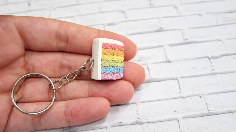 rainbow cake keychain // polymer clay food // miniature food jewelry, rainbow keychain, food keychain, clay keychain, cute keychain, mini image 5