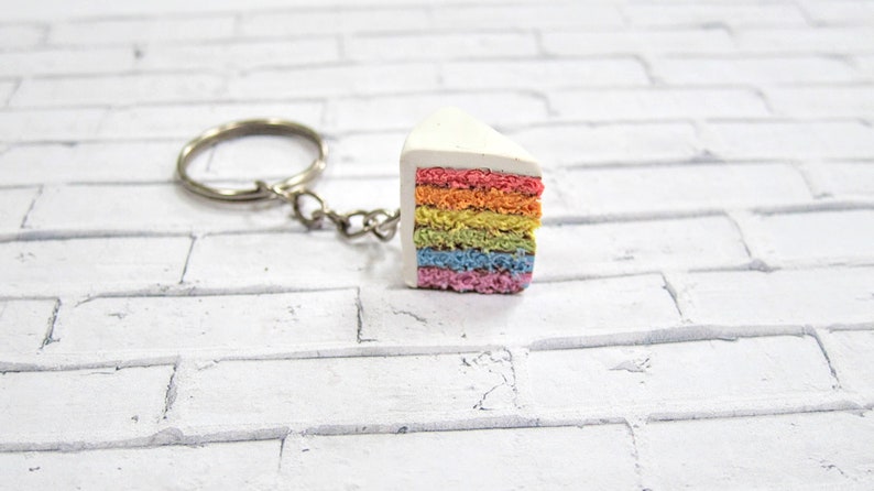 rainbow cake keychain // polymer clay food // miniature food jewelry, rainbow keychain, food keychain, clay keychain, cute keychain, mini image 2