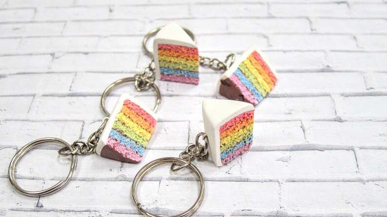 rainbow cake keychain // polymer clay food // miniature food jewelry, rainbow keychain, food keychain, clay keychain, cute keychain, mini image 4