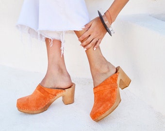 Leather mules, orange wooden platform shoes, handmade Swedish clogs, orange leather clogs made by Kulikstyle