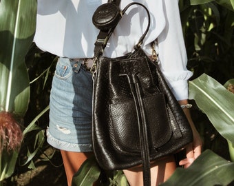 Black leather bucket bag with small pocket, mamba pattern leather bucket bag, shoulder bag and backpack for women  leather crossbody bags