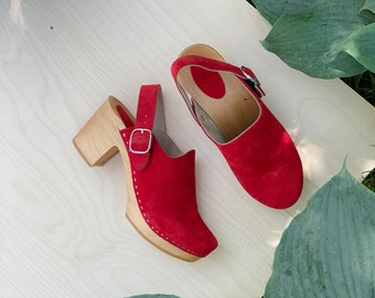 Red clogs with strap and buckle, wooden Swedish Clogs, slingback shoes, bohemian women shoes  by Kulikstyle