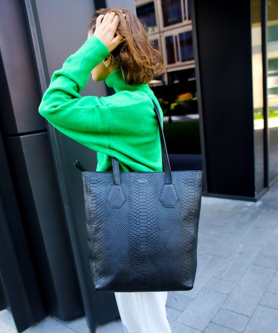 Black Shoulder Bag by Kulikstyle Embossed Leather Tote Bag 