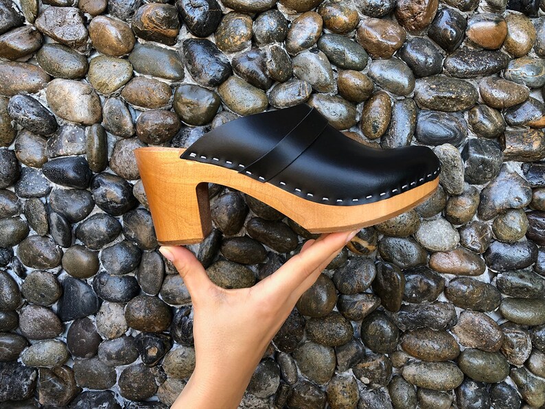 Leather Mules Black Wooden Platform Shoes Handmade Swedish | Etsy