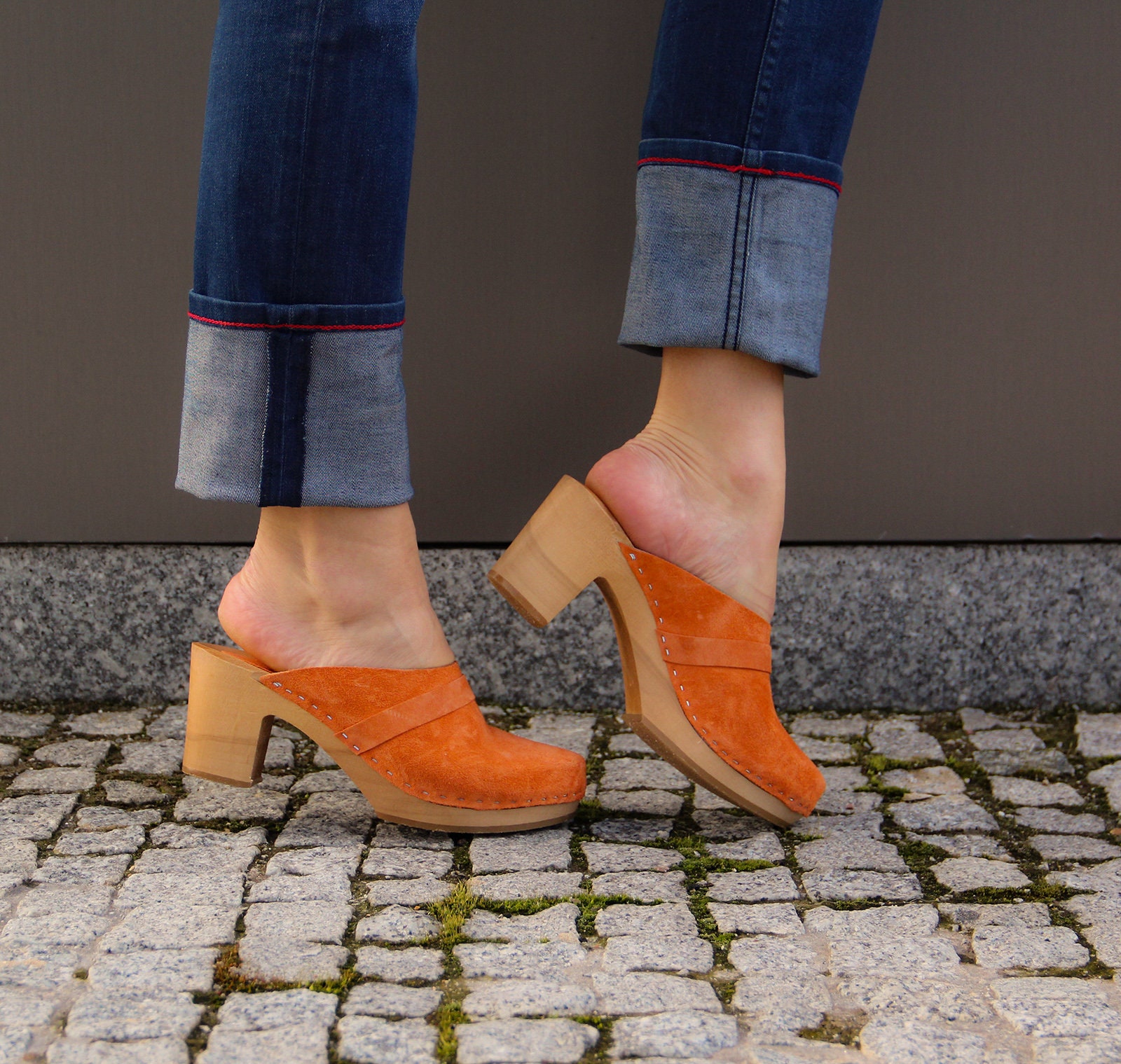 Leather mules for her orange wooden platform shoes handmade | Etsy