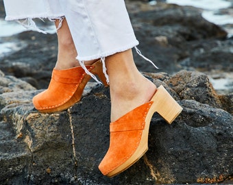 Orange leather clog sandals, handmade Swedish clogs, slingback shoes made by Kulikstyle, leather mules