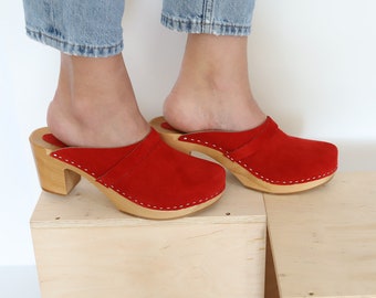 Red leather clog sandals, handmade Swedish clogs, women clogs made by Kulikstyle, wooden  platform shoes