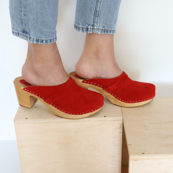 Red Leather Clog Sandals Handmade Swedish Clogs Women Clogs Made