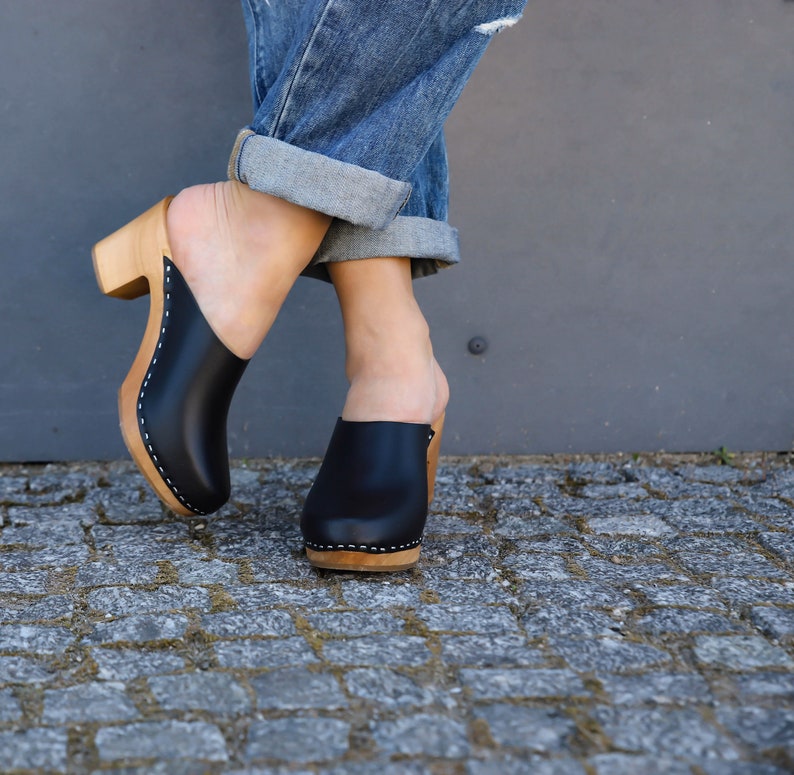 Black leather clogs by Kulikstyle handmade wooden clog sandals High heel clogs Swedish Clogs image 1