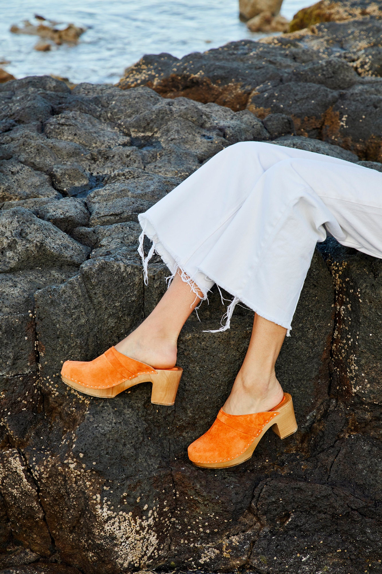 Leather Mules, Orange Wooden Platform Shoes, Handmade