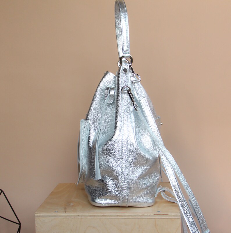 Silver leather bucket bag leather backpack with pockets Etsy