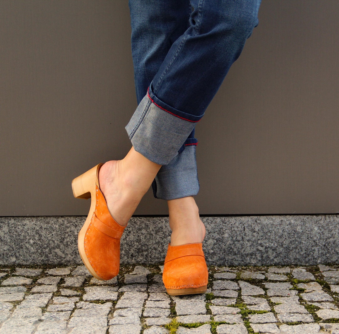 Orange Leather Clog Sandals Handmade Swedish Clogs Women - Etsy