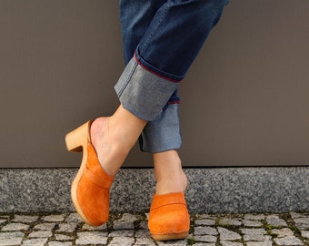 Orange leather clog sandals, handmade Swedish clogs, women clogs made by Kulikstyle, wooden  platform shoes