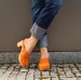 Orange leather clog sandals, handmade Swedish clogs, women clogs made by Kulikstyle, wooden  platform shoes 