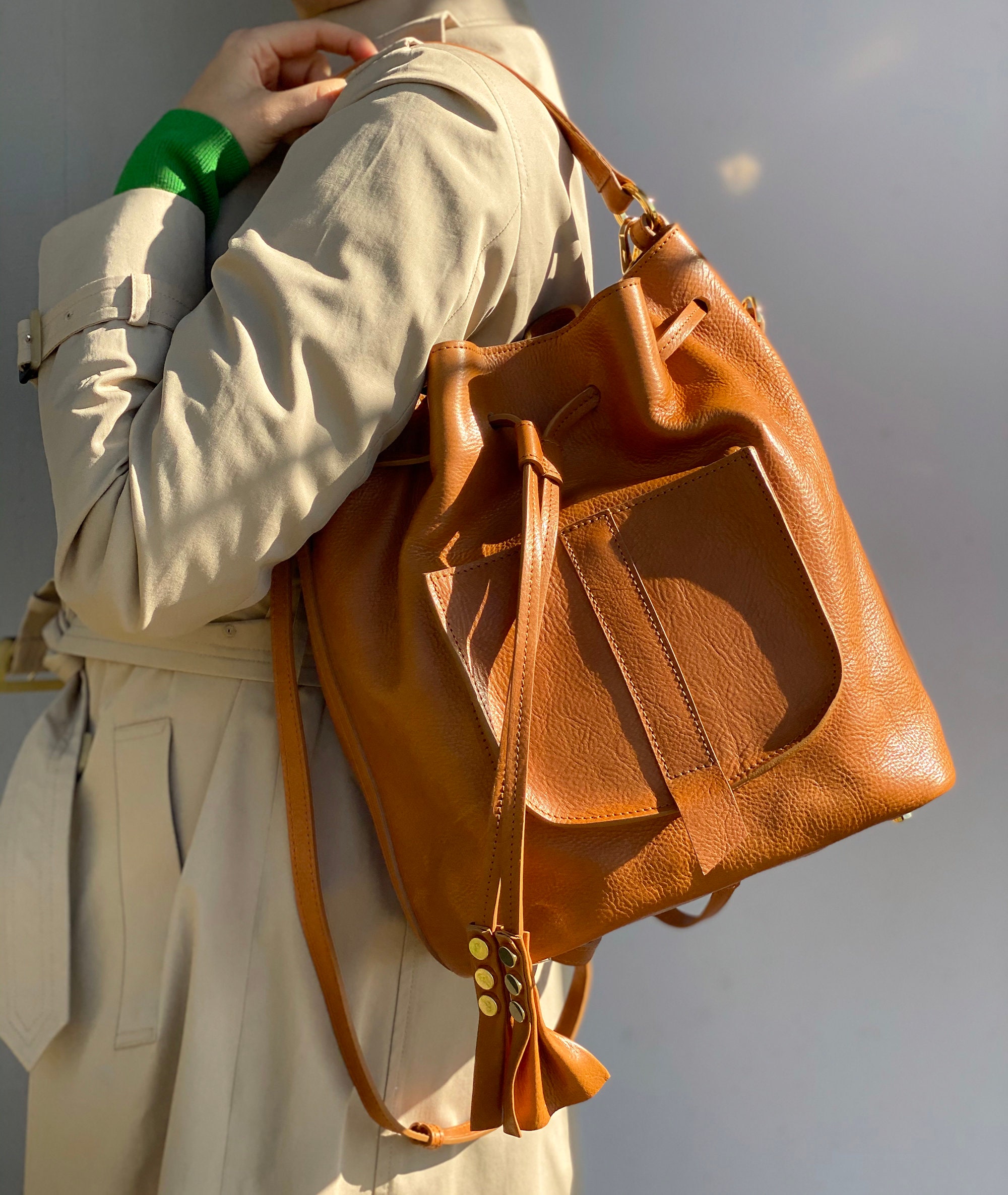 Camel Leather Bucket Bag 3in1 Leather Backpack With Pockets Etsy