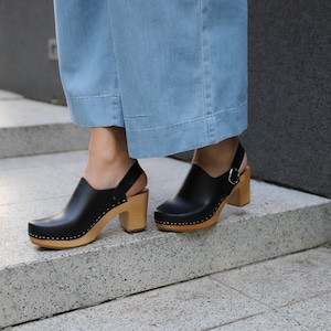 Black leather wooden clogs with clips, Swedish Clogs, leather shoes and mules by Kulikstyle