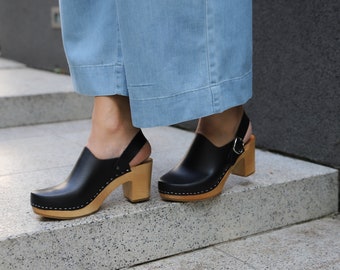 Black leather wooden clogs with clips, Swedish Clogs, leather shoes and mules by Kulikstyle