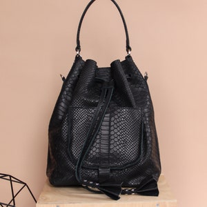Black Leather Bucket Bag With Small Pocket Mamba Pattern - Etsy