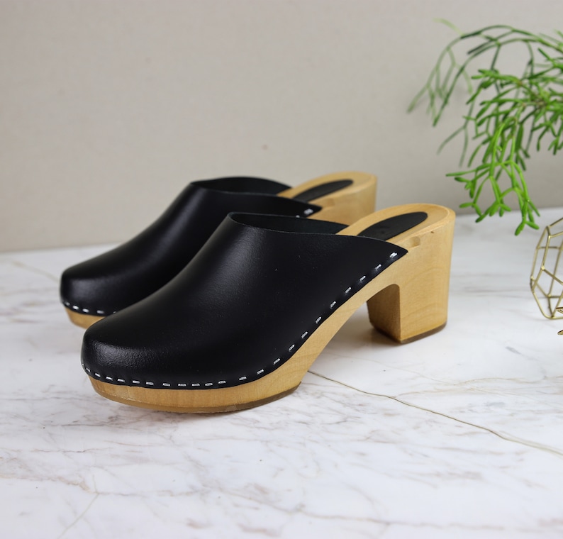 Black leather clogs by Kulikstyle handmade wooden clog sandals High heel clogs Swedish Clogs image 7