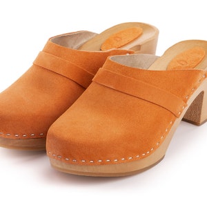 Leather mules for her, orange wooden platform shoes, handmade Swedish clogs,  leather clogs made by Kulikstyle