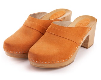 Leather mules for her, orange wooden platform shoes, handmade Swedish clogs,  leather clogs made by Kulikstyle