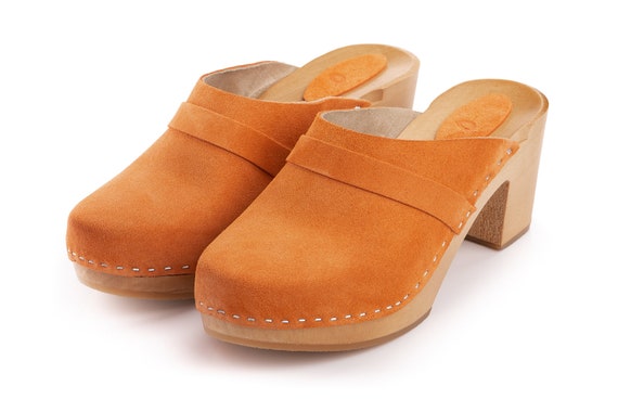 Leather Mules for Her Orange Wooden Platform Shoes Handmade