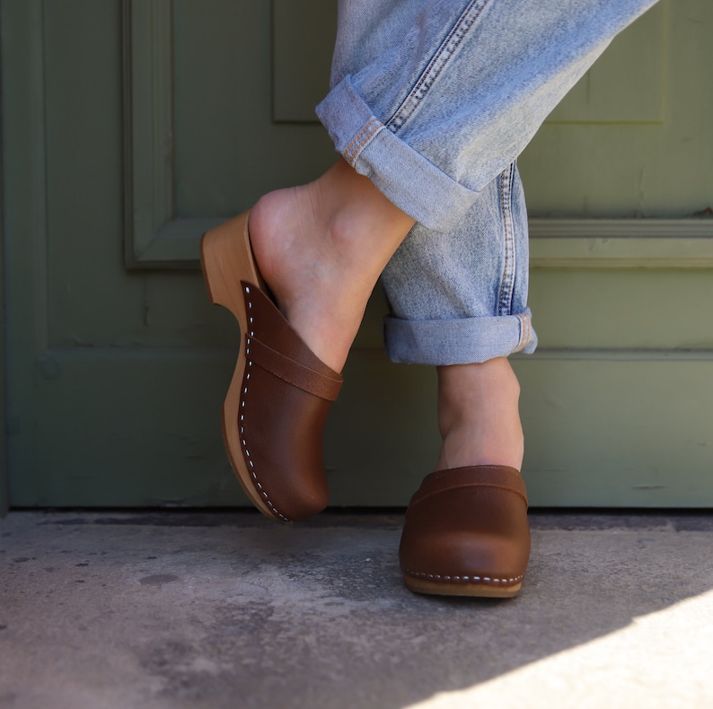 Brown Clogs Leather Slingback Shoes Handmade Mules for Women Etsy