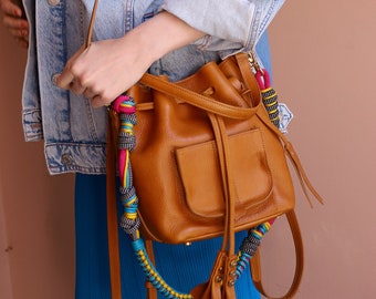 Bucket bag leather purse,  backpack women, light brown leather shoulder bag, small camel color bucket bag with hand-woven strap