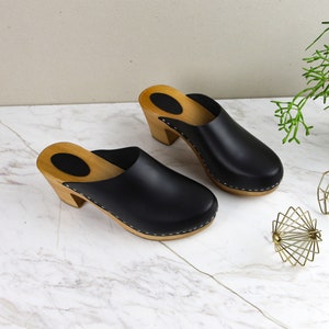 Black leather clogs by Kulikstyle handmade wooden clog sandals High heel clogs Swedish Clogs image 3