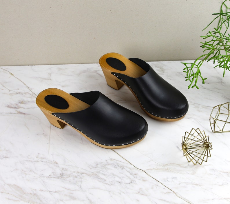 Black leather clogs by Kulikstyle handmade wooden clog sandals High heel clogs Swedish Clogs image 3