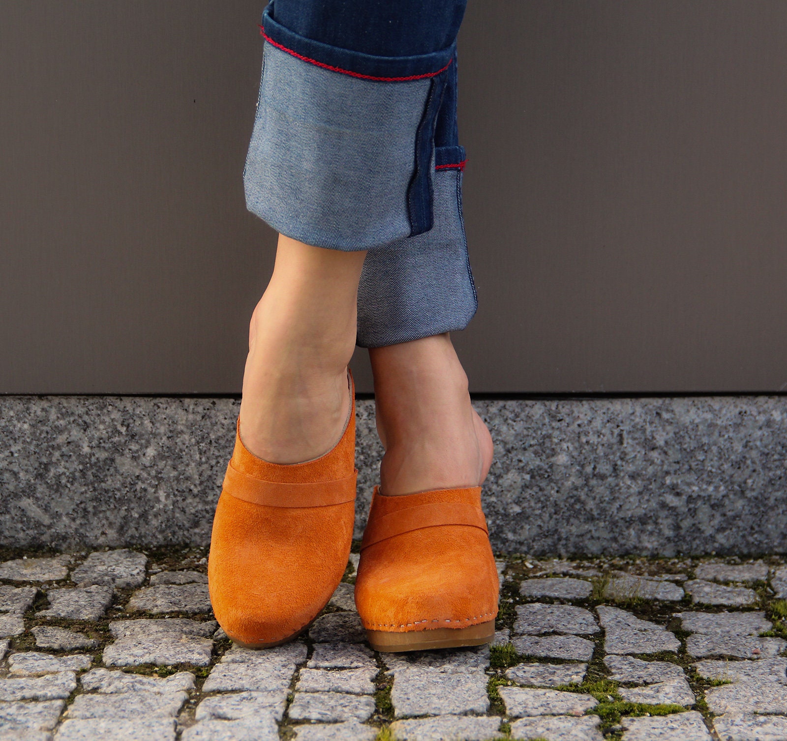 Orange Leather Clog Sandals, Handmade Swedish Clogs, Women Clogs Made ...