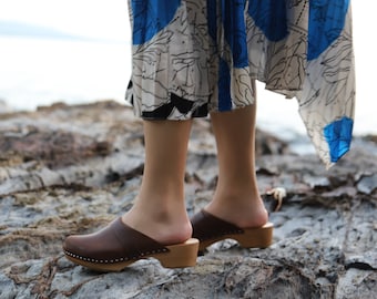 Brown leather clogs, handmade slingback, leather mules for women vintage look by Kulikstyle, wooden Swedish clogs