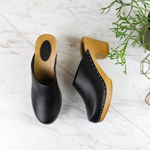 Black leather clogs by Kulikstyle handmade wooden clog sandals High heel clogs Swedish Clogs image 4