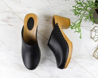 Black leather clogs by Kulikstyle | handmade wooden clog sandals | High heel clogs | Swedish Clogs