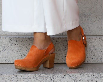 Leather clogs by Kulikstyle | Swedish clogs | orange leather shoes | wooden platform shoes | women clogs